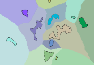 Regions displayed over the cost distance allocation Regions displayed over the cost distance allocation